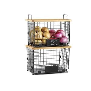 2 Set XL Stackable Wire Basket with Bamboo Tops & Tags- Pantry Organizer  M96